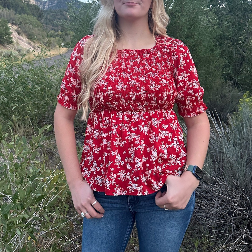 Elegant Red Floral Women's Blouse